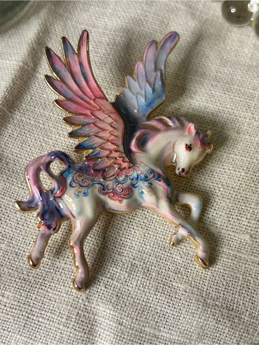 Painted Pink & Blue Pegasus Brooch Vintage-Style enamel Accent